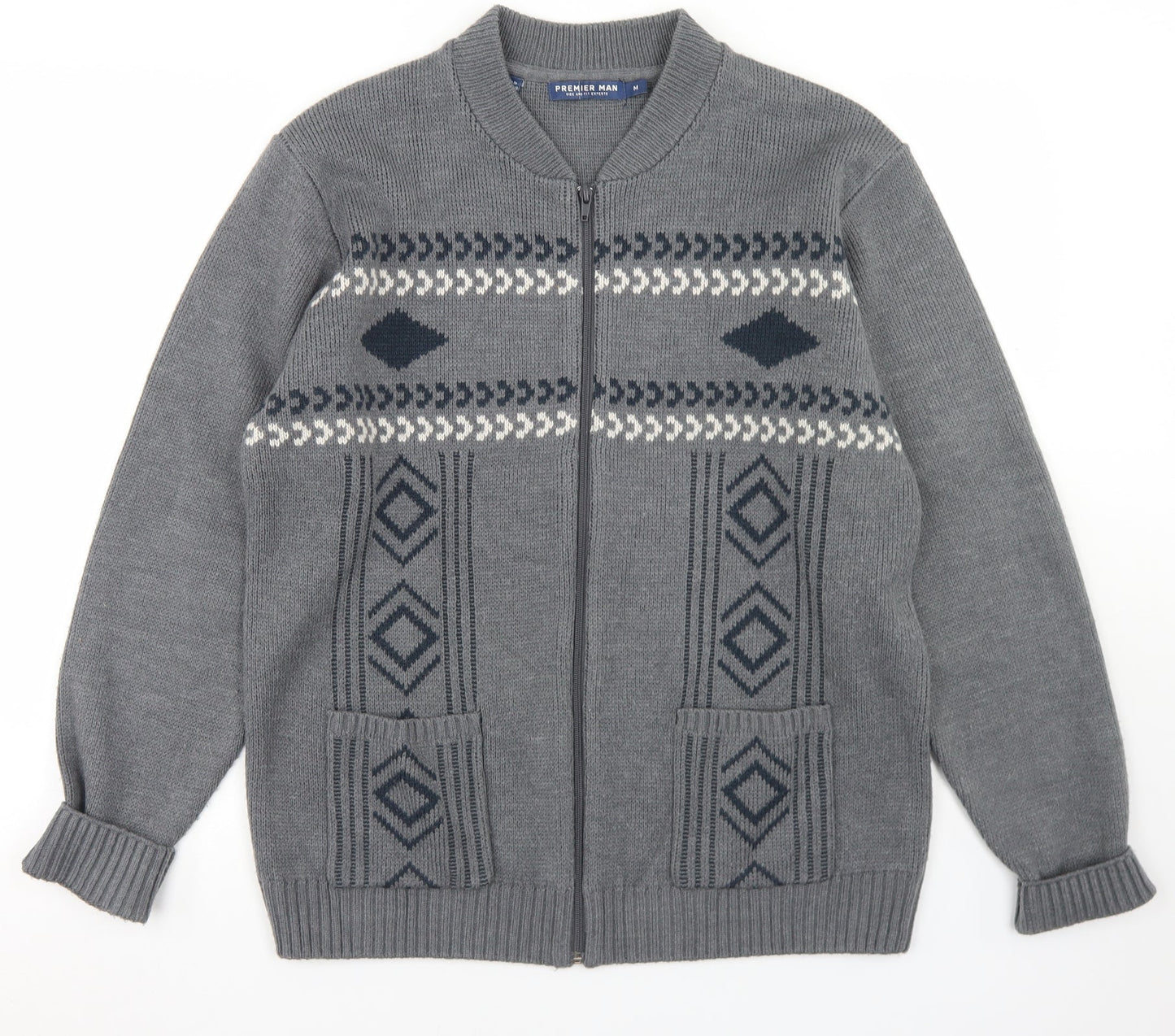 Premier Man Mens Grey Mock Neck Argyle/Diamond Acrylic Full Zip Jumper Size M