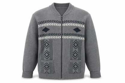 Front view of Premier Man men’s grey mock neck argyle/diamond acrylic full zip jumper, size M