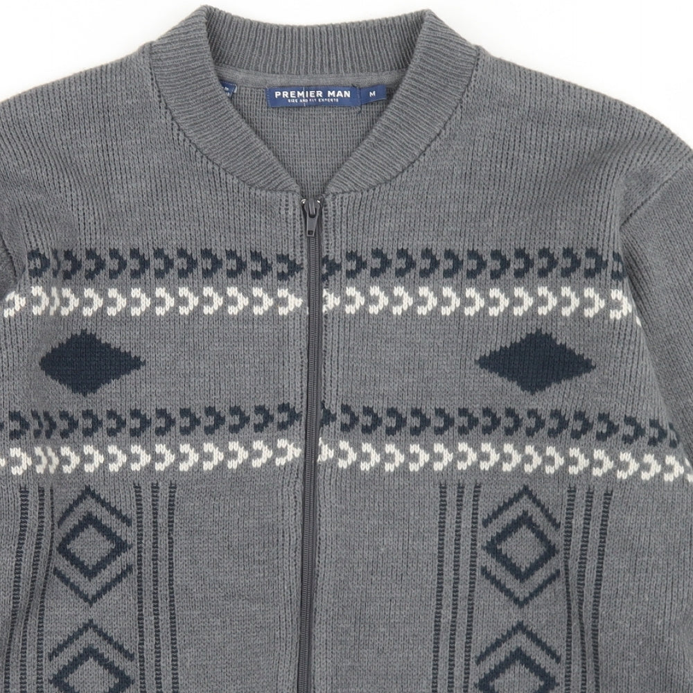 Premier Man Mens Grey Mock Neck Argyle/Diamond Acrylic Full Zip Jumper Size M