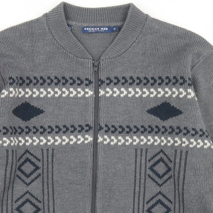 Premier Man Mens Grey Mock Neck Argyle/Diamond Acrylic Full Zip Jumper Size M