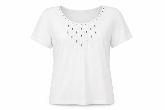 Front view of Bonmarché women’s white polyester basic t-shirt, size M, round neck