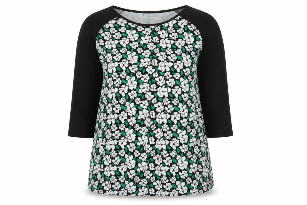 Front view of Originals women’s black scoop neck floral polyester jumper, size UK 18