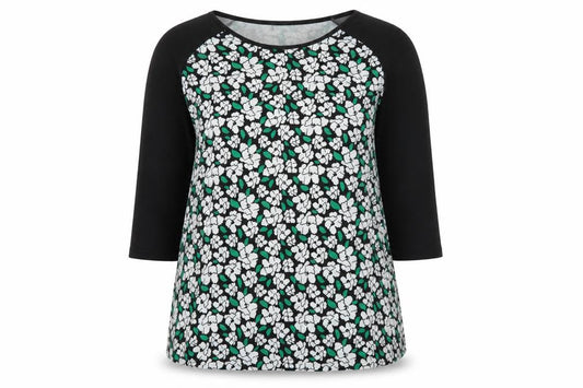 Front view of Originals women’s black scoop neck floral polyester jumper, size UK 18
