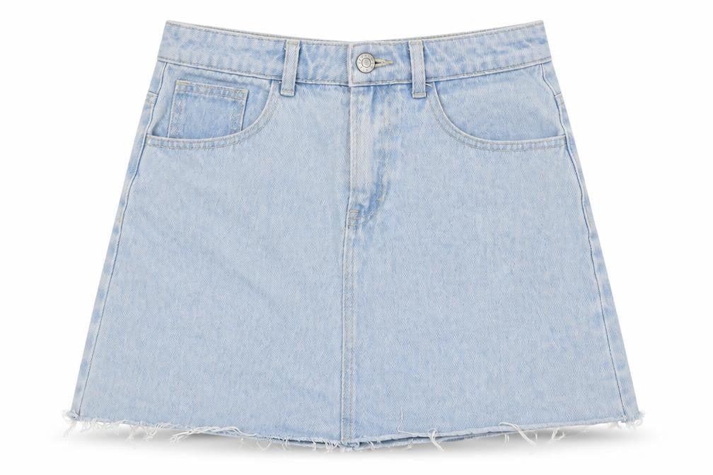 Front view of Denim Co women’s blue cotton a-line skirt, size UK 10, button