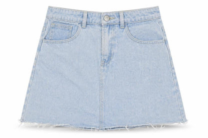 Front view of Denim Co women’s blue cotton a-line skirt, size UK 10, button
