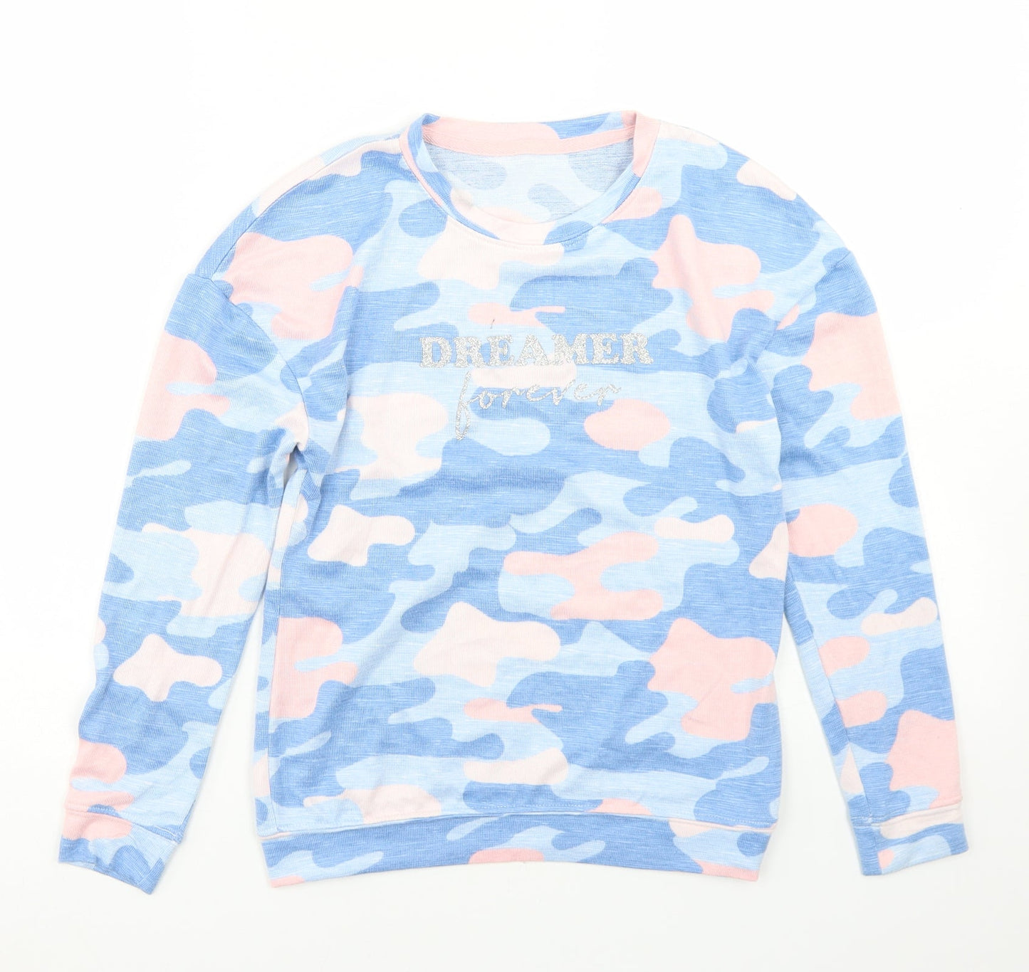 Dunnes Stores Girls Blue Camouflage Polyester Basic T-Shirt Size 9-10 Years Crew Neck  - Dreamer Forever