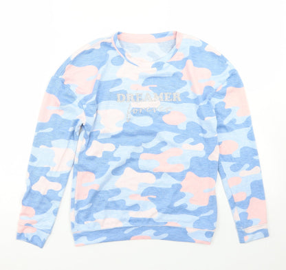 Dunnes Stores Girls Blue Camouflage Polyester Basic T-Shirt Size 9-10 Years Crew Neck  - Dreamer Forever