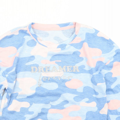 Dunnes Stores Girls Blue Camouflage Polyester Basic T-Shirt Size 9-10 Years Crew Neck  - Dreamer Forever