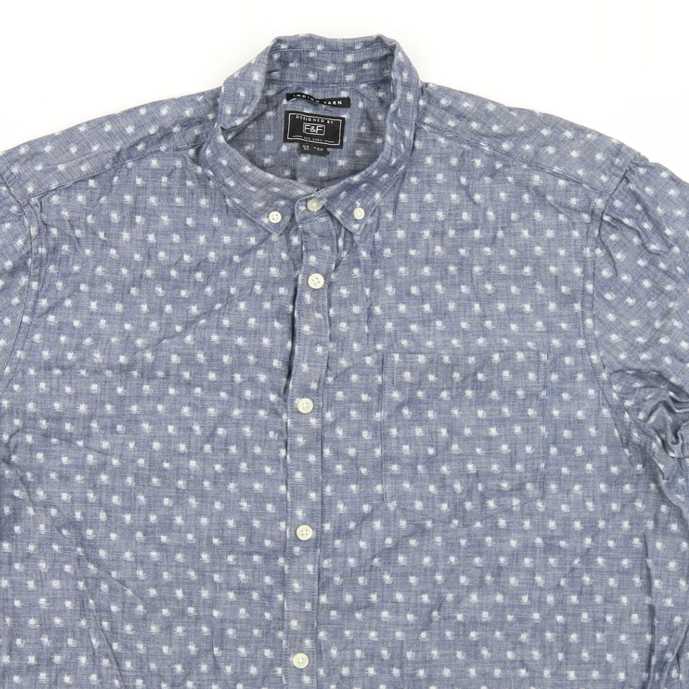F&F Mens Blue Geometric Cotton  Button-Up Size XL Collared Button