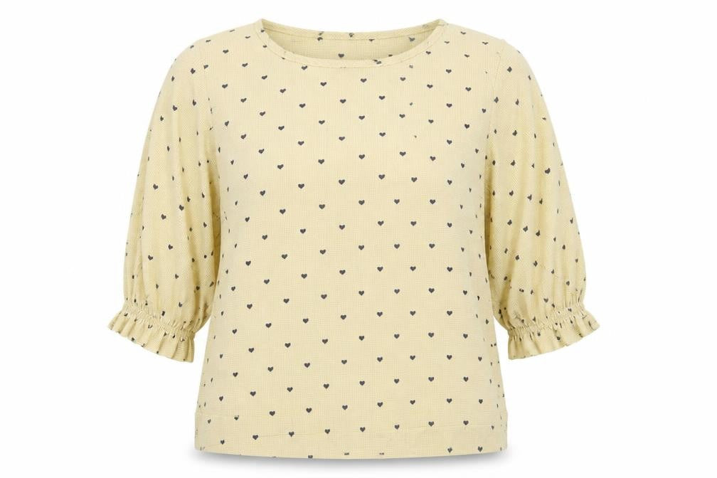 Front view of Zanzea women’s yellow geometric cotton basic blouse, size M, round neck - heart print