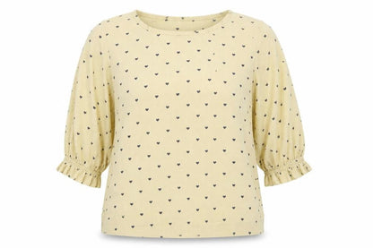 Front view of Zanzea women’s yellow geometric cotton basic blouse, size M, round neck - heart print