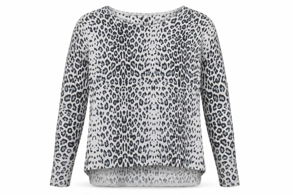 Front view of H&M women’s grey round neck animal print acrylic jumper, size XS