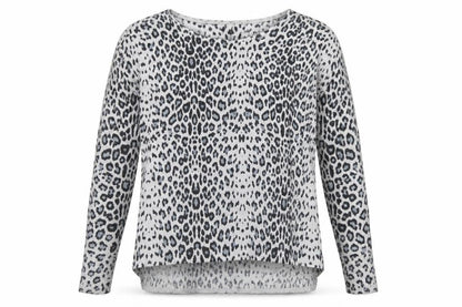 Front view of H&M women’s grey round neck animal print acrylic jumper, size XS