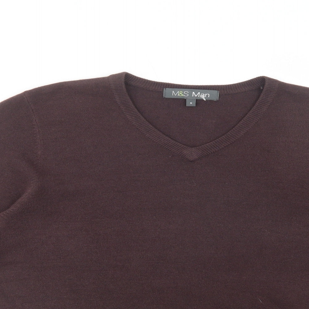 Marks and Spencer Mens Brown V-Neck  Acrylic Pullover Jumper Size S