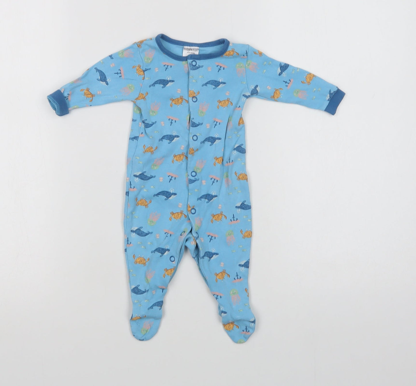 Lily & Dan Baby Blue Geometric Cotton Babygrow One-Piece Size 0-3 Months  Snap - Sea Creatures
