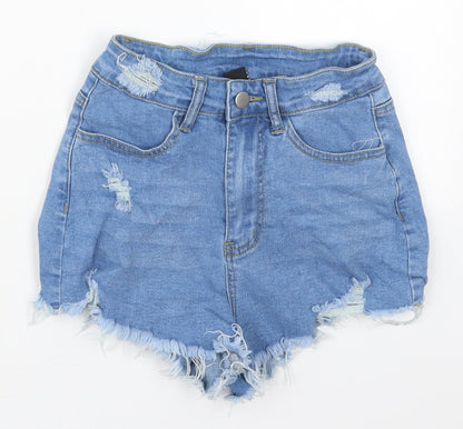 SheIn Womens Blue  Cotton Hot Pants Shorts Size 26 in  Regular Button - Distressed Look