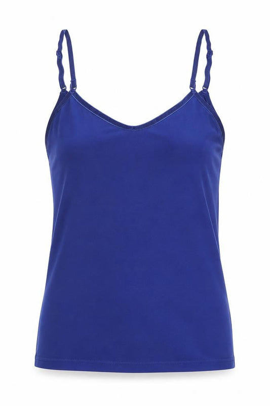 Front view of Atmosphere women’s blue nylon basic tank, size UK 10, v-neck