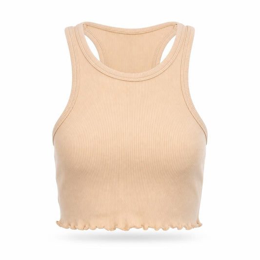 Front view of ASOS women’s beige viscose cropped tank, size UK 6, round neck
