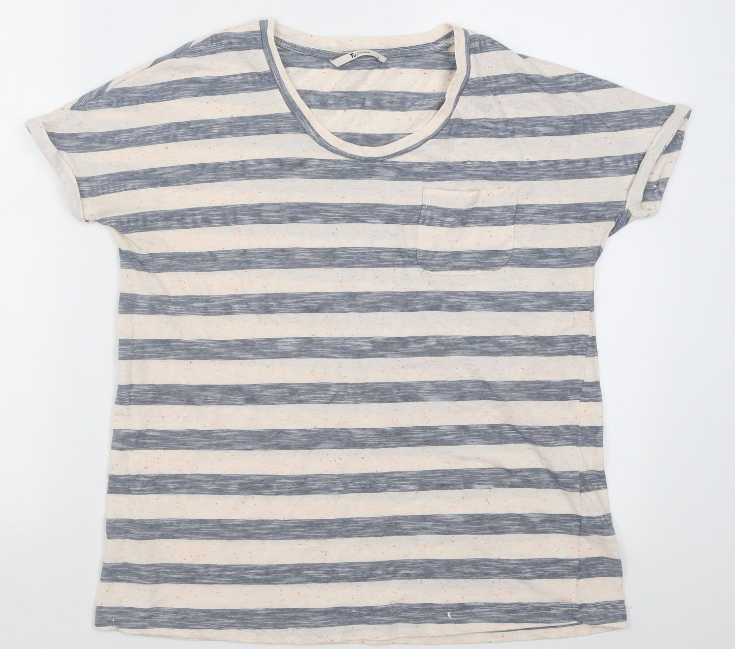 TU Womens Grey Striped Cotton Basic T-Shirt Size 8 Crew Neck