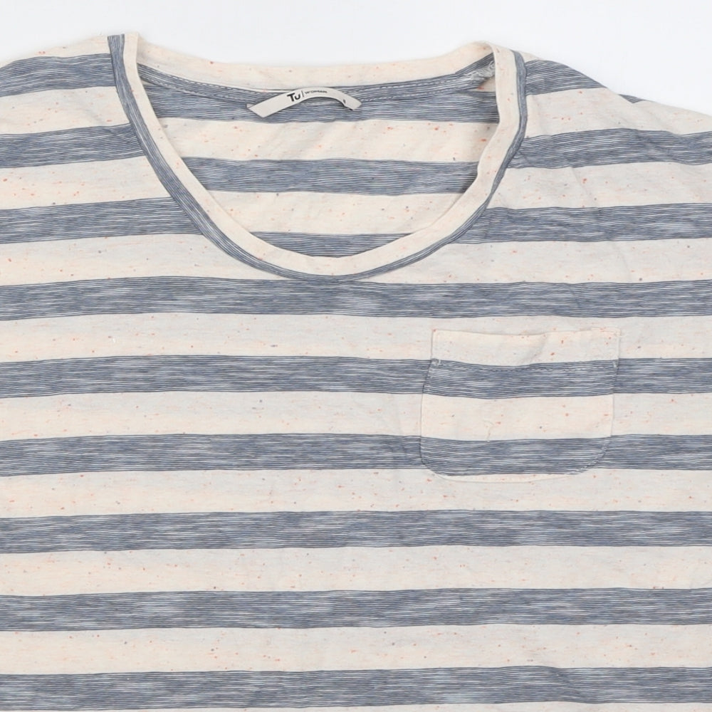 TU Womens Grey Striped Cotton Basic T-Shirt Size 8 Crew Neck