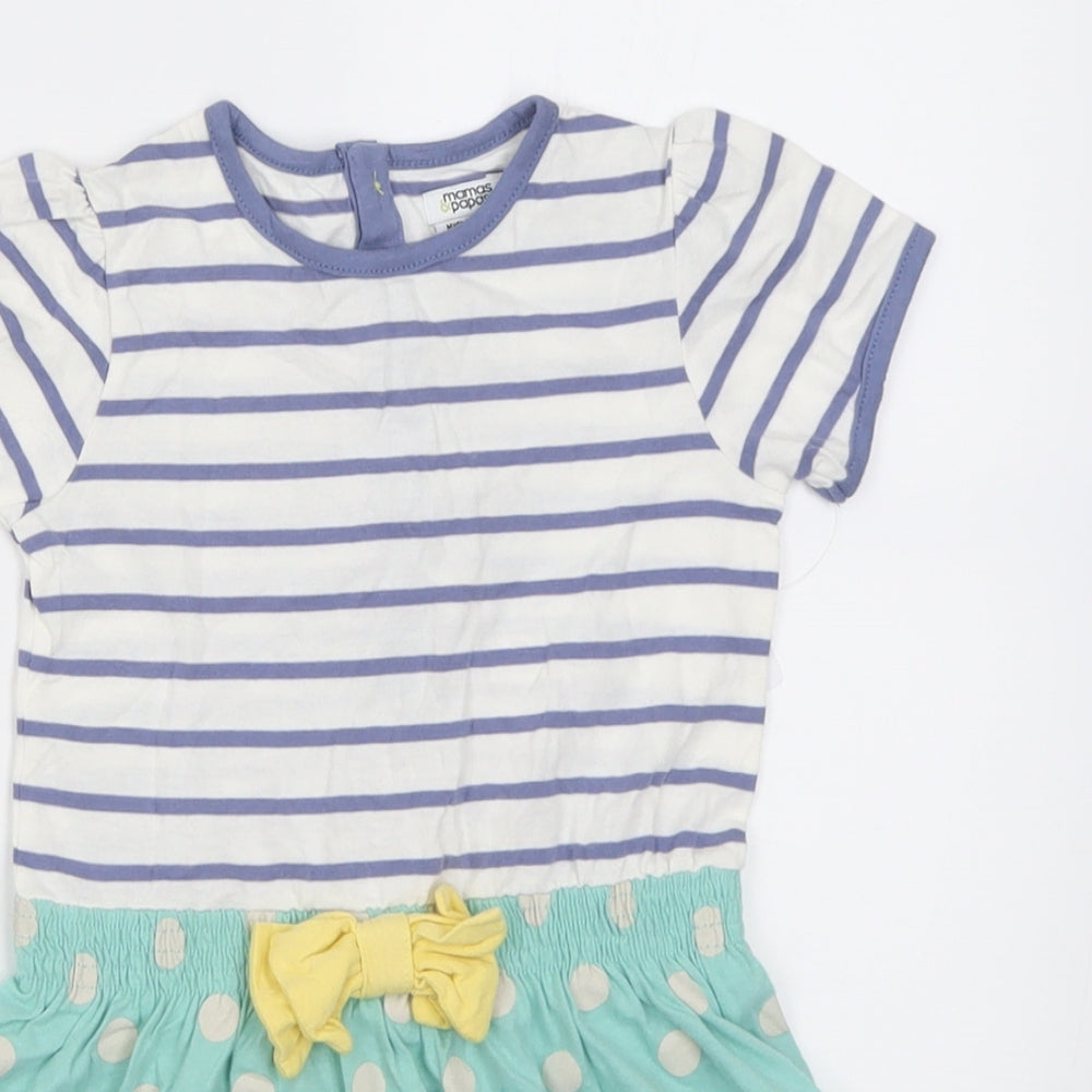 mamas & papas Girls Blue Striped Cotton A-Line  Size 18 Months  Crew Neck Button