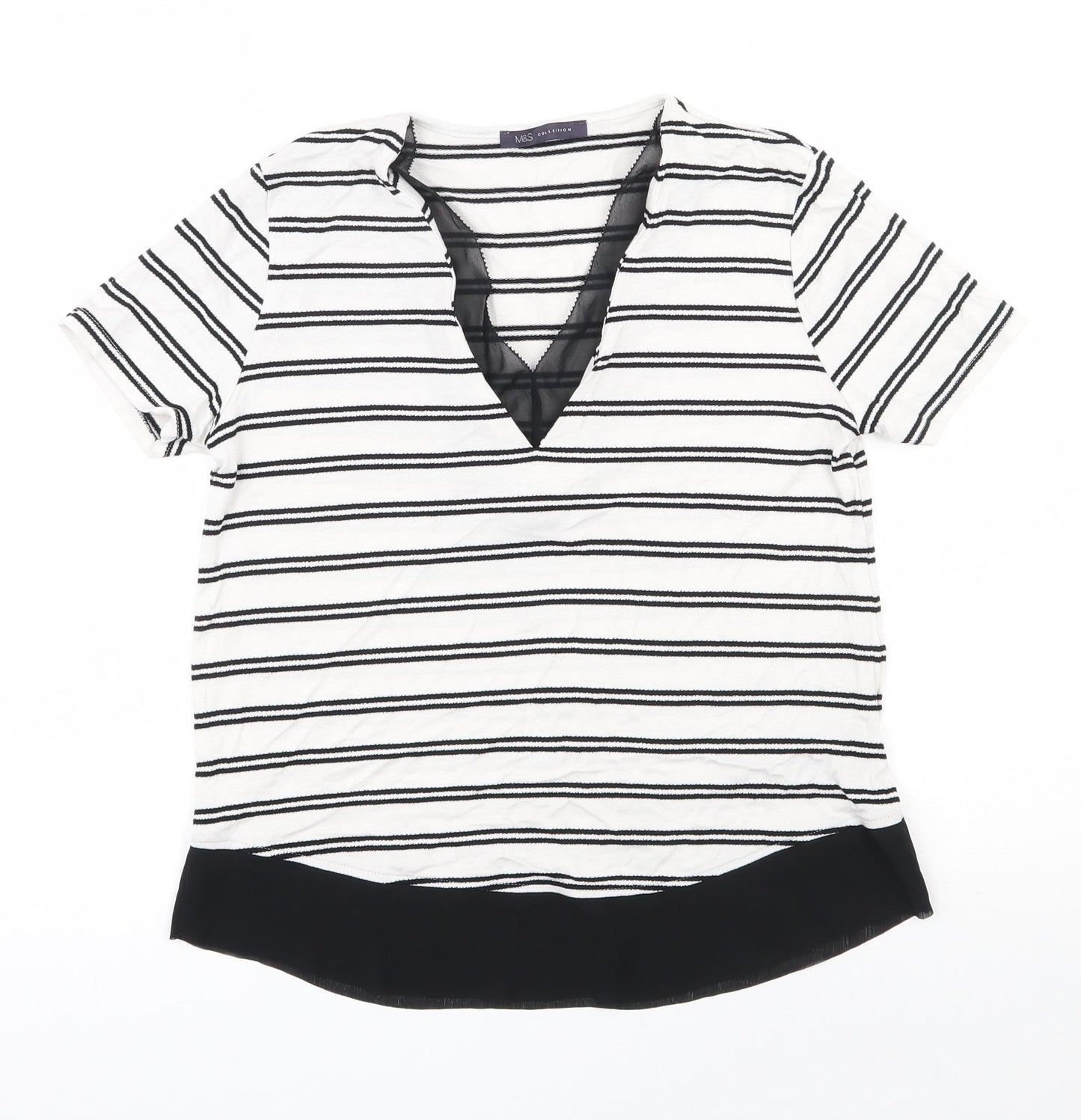Marks and Spencer Womens White Striped Viscose Jersey T-Shirt Size 6 V-Neck
