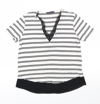 Marks and Spencer Womens White Striped Viscose Jersey T-Shirt Size 6 V-Neck