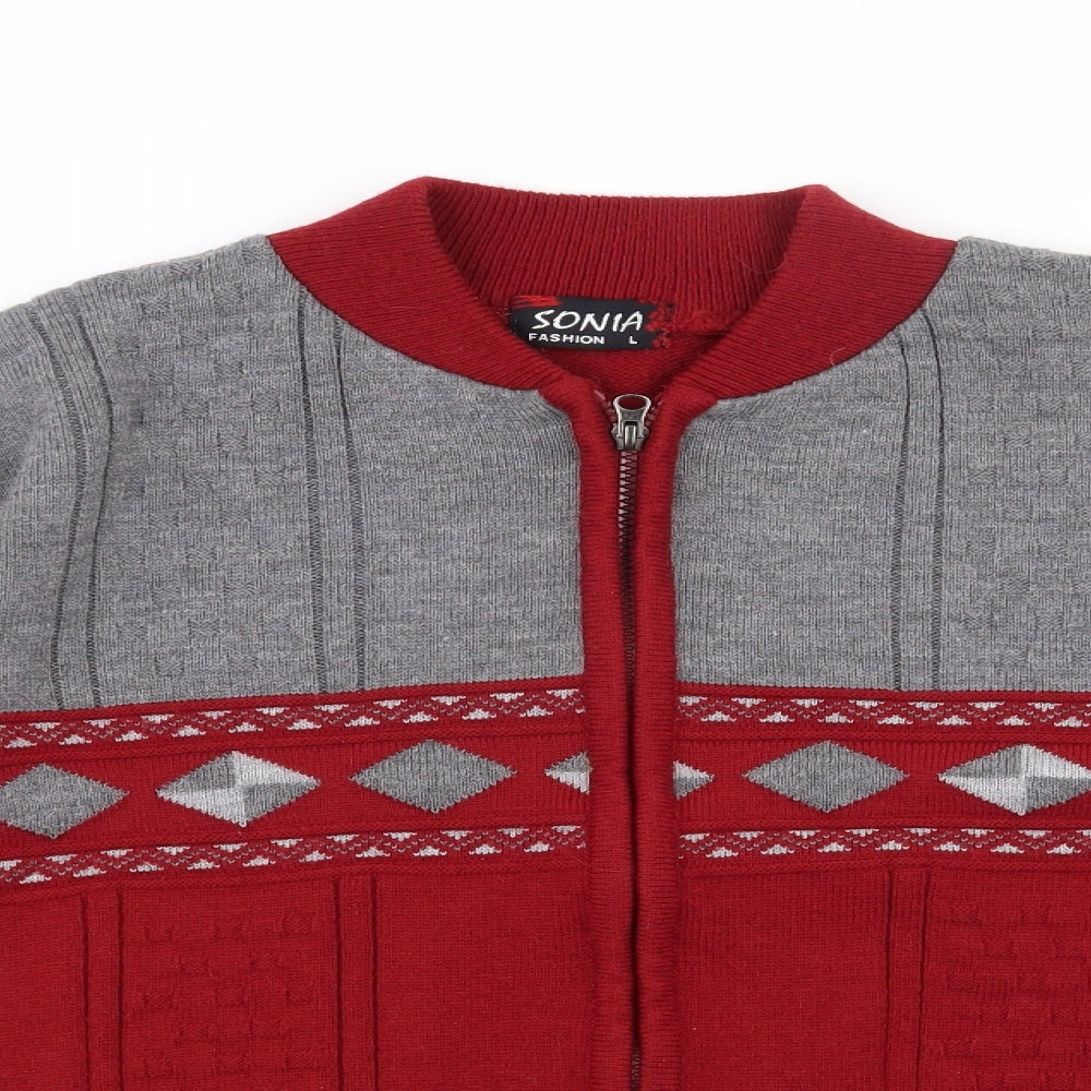 Sonia Fashion  Mens Red Round Neck  Acrylic Full Zip Jumper Size L