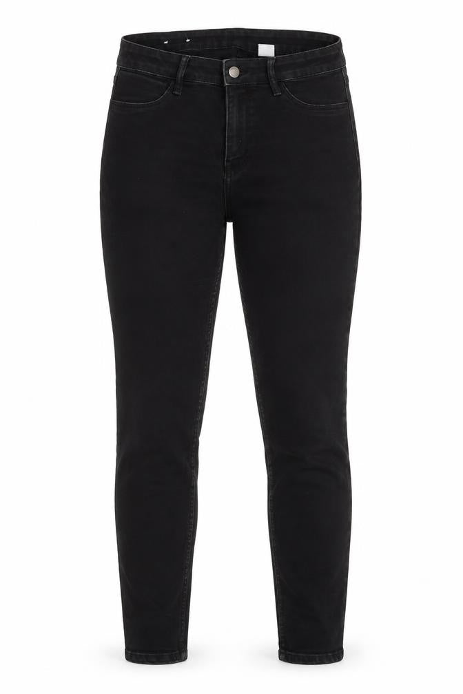 Front view of H&M women’s black cotton skinny jeans, size UK 28, in, 28-inch leg regular button