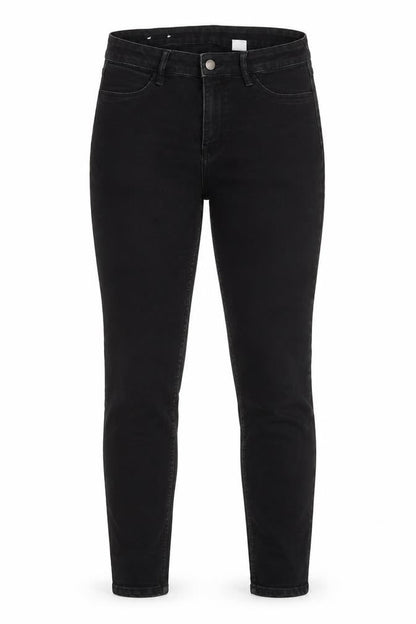 Front view of H&M women’s black cotton skinny jeans, size UK 28, in, 28-inch leg regular button