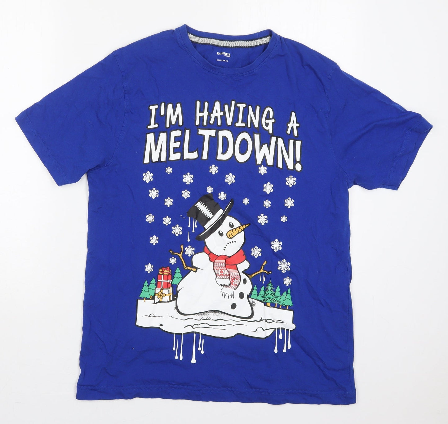 Dunnes Mens Blue  Cotton  T-Shirt Size M Crew Neck  - Snowman i'm Having a Meltdown