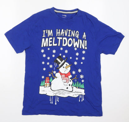 Dunnes Mens Blue  Cotton  T-Shirt Size M Crew Neck  - Snowman i'm Having a Meltdown