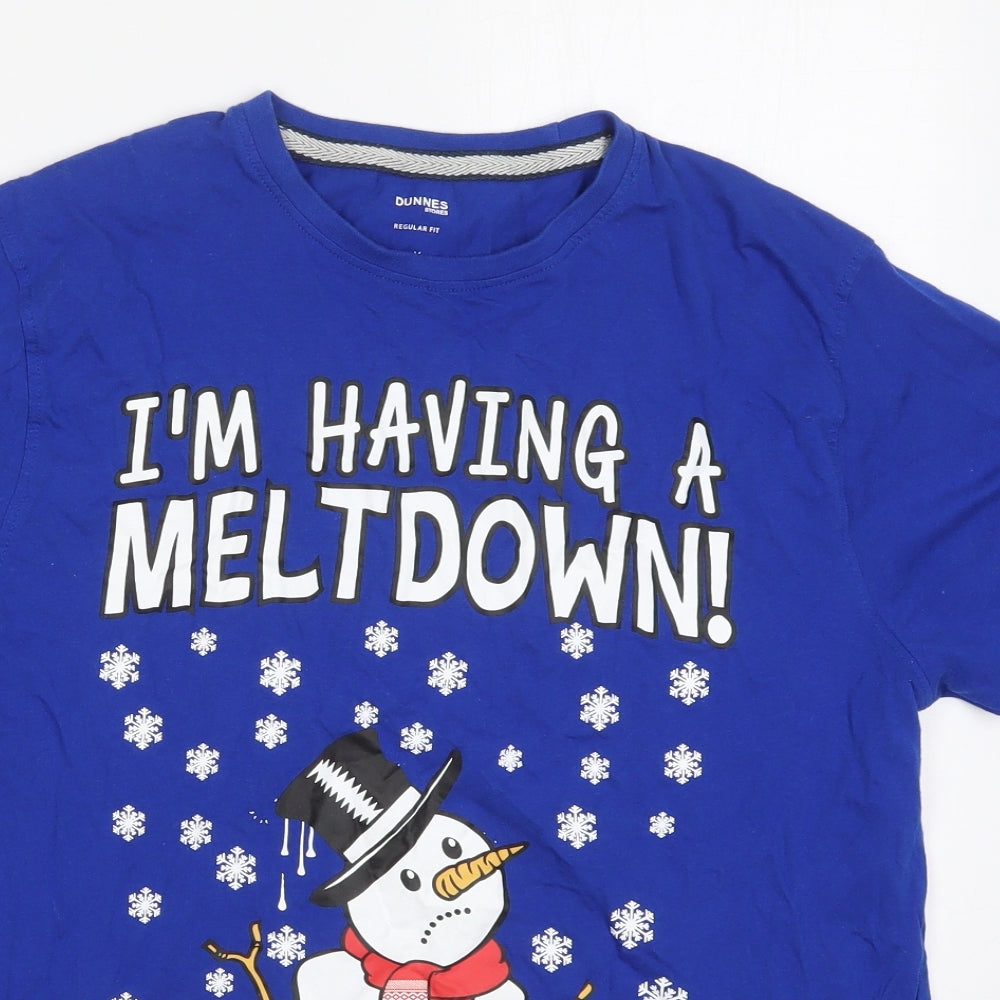 Dunnes Mens Blue  Cotton  T-Shirt Size M Crew Neck  - Snowman i'm Having a Meltdown