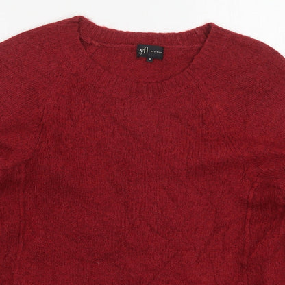 Close-up detail of YFL Reserved women’s red round neck acrylic jumper, size S