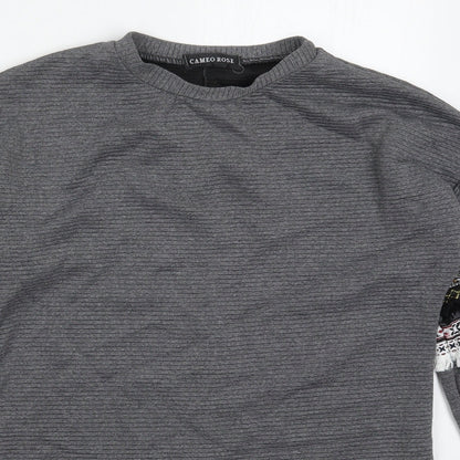 Close-up detail of Cameo Rose women’s grey cotton pullover sweatshirt, size S, pullover