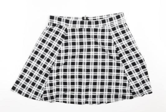 H&M Womens Black Check Viscose A-Line Skirt Size L   Zip