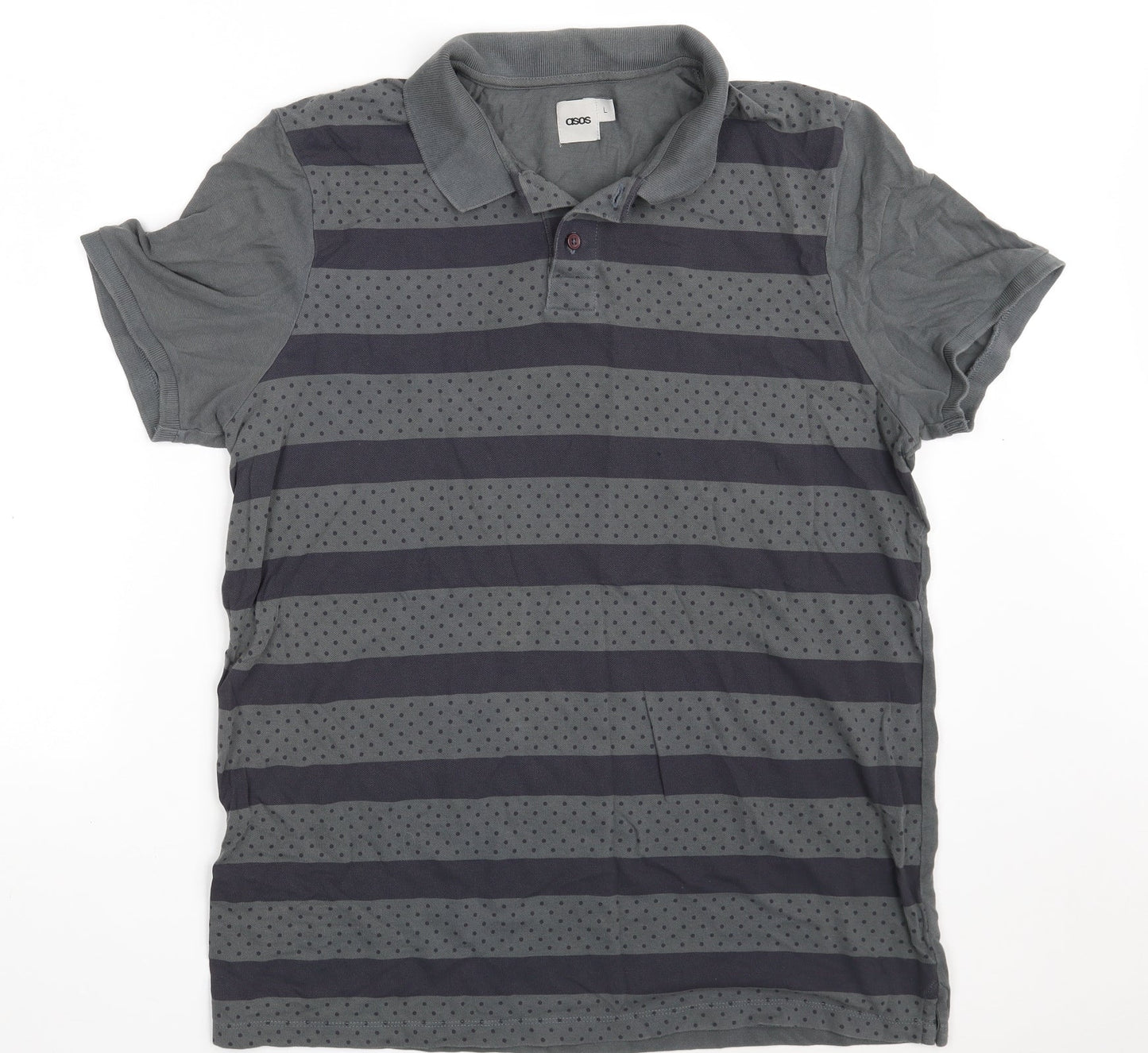 ASOS Mens Grey Striped 100% Cotton  Polo Size L Collared Button