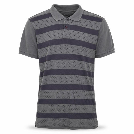 Front view of ASOS men’s grey striped 100% cotton polo, size L, collared button