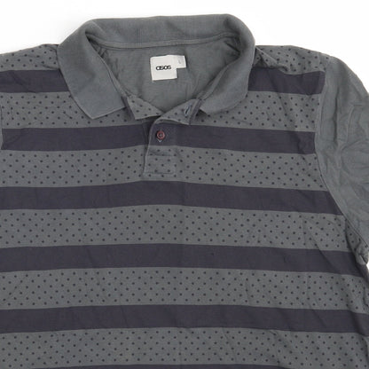 ASOS Mens Grey Striped 100% Cotton  Polo Size L Collared Button
