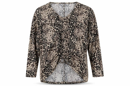 Front view of QED London women’s brown v-neck animal print polyester jumper, size M, -, size M/l
