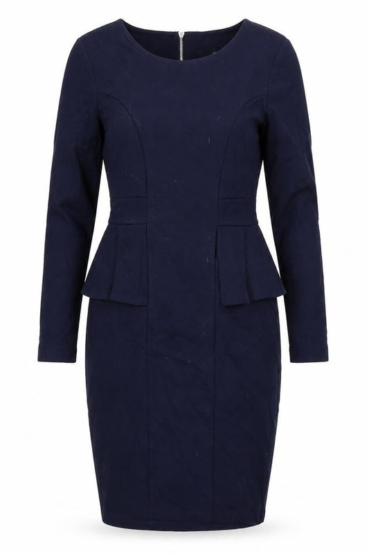Front view of Limited Collection women’s blue viscose pencil dress, size UK 6, crew neck