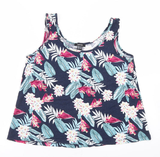ESMARA Womens Blue Floral Linen Basic Tank Size M Round Neck
