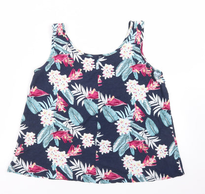 ESMARA Womens Blue Floral Linen Basic Tank Size M Round Neck