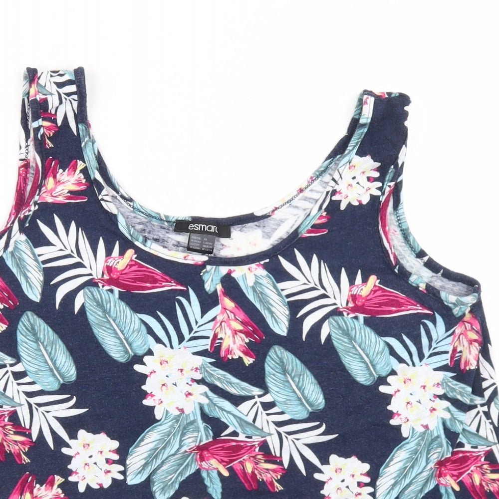 ESMARA Womens Blue Floral Linen Basic Tank Size M Round Neck