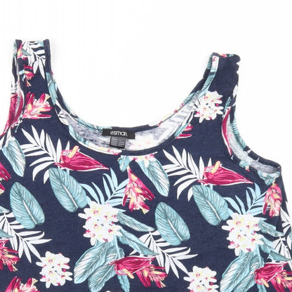 ESMARA Womens Blue Floral Linen Basic Tank Size M Round Neck