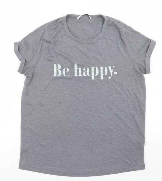 TU Womens Grey  Polyester Basic T-Shirt Size 10 Crew Neck - Be Happy