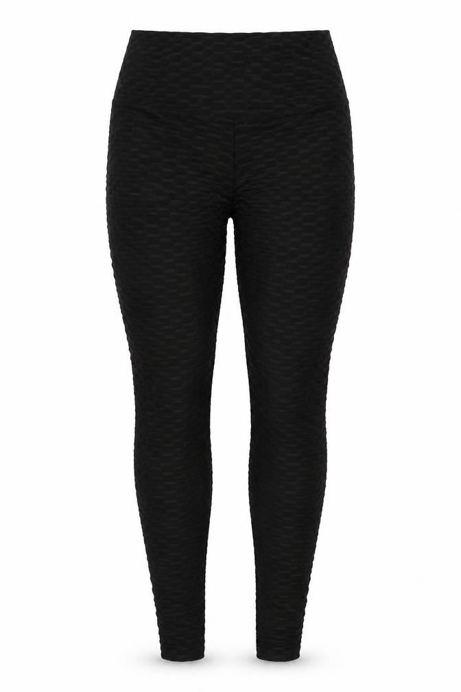 Front view of Preworn women’s black polyester jegging leggings, size L, 26-inch leg