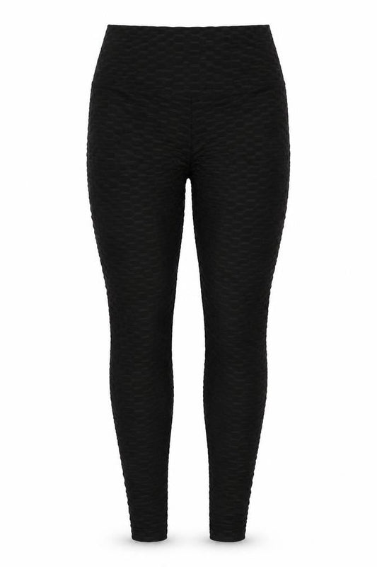 Front view of Preworn women’s black polyester jegging leggings, size L, 26-inch leg