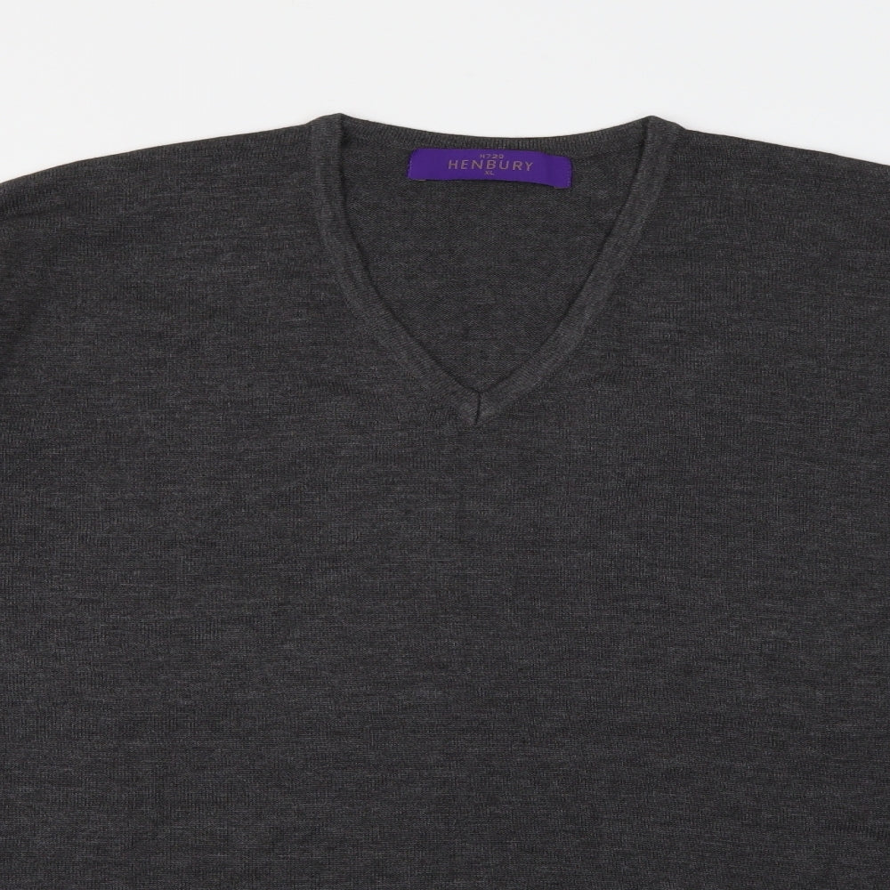 Henbury Mens Grey V-Neck  Cotton Pullover Jumper Size XL