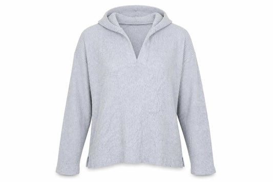 Front view of Gap women’s blue viscose pullover hoodie, size M
